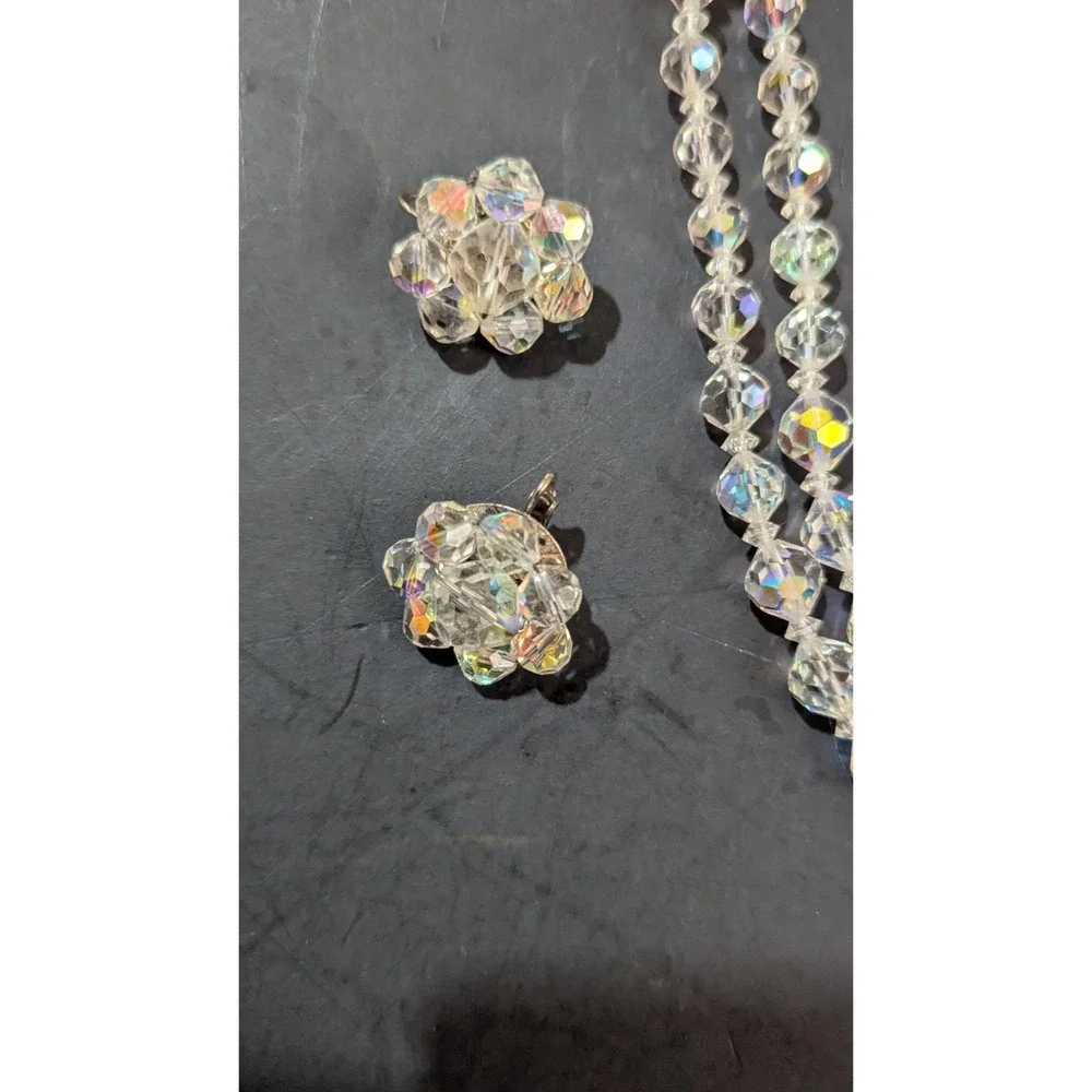 Vintage Aurora Borealis Crystal Necklace Clip-On Earring Set Double Strand Beads